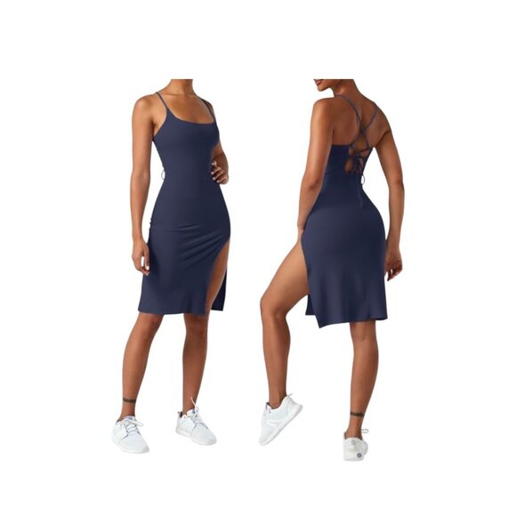 Halara Everyday Split Strap Bodycon Midi Dress Sz Large Womens Navy Blue Chill P - Picture 1 of 10